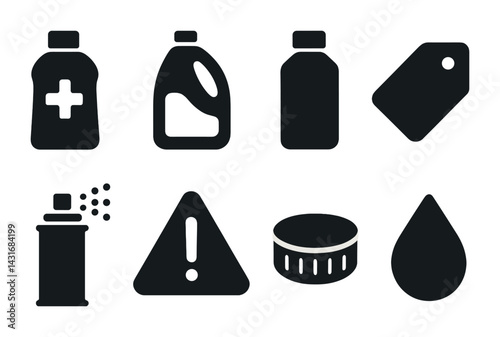 Cleaning and safety solid icons set – filled style hygiene, sanitation, and caution symbols for home and workplace: detergent, spray, warning, label, bottle, cap, water drop.