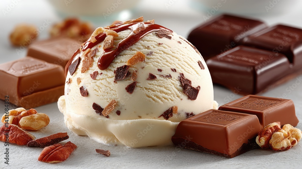 A scoop of vanilla ice cream topped with rich caramel and walnuts is set against a variety of tempting sweet treats