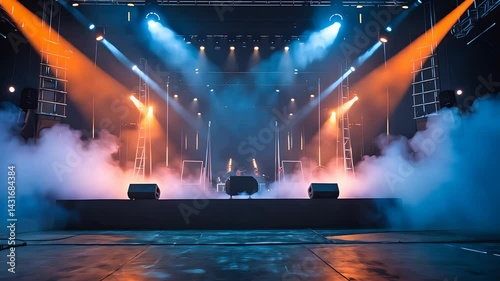 A vibrant concert stage with dramatic lighting, smoke effects, and a set of speakers, ready for a live performance.

