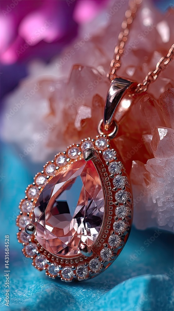 Pear-shaped morganite surrounded by diamonds on a rose gold chain showcases elegance with light refraction in soft lighting