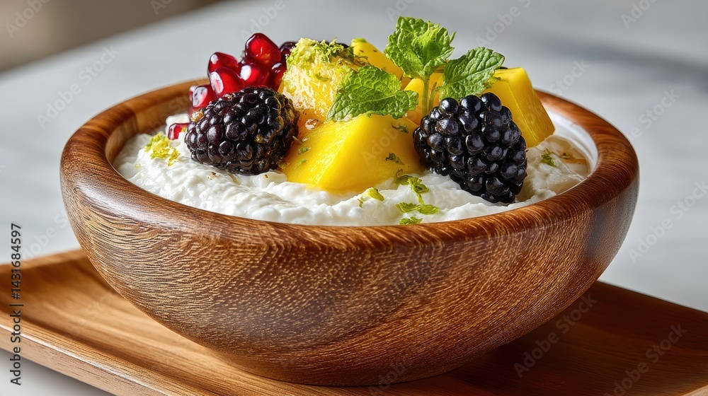 Bright bowl of Greek yogurt adorned with fresh mango, blackberries, pomegranate seeds, and mint leaves on a wooden surface
