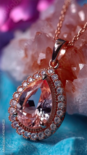 Obraz na płótnie Pear-shaped morganite surrounded by diamonds on a rose gold chain showcases elegance with light refraction in soft lighting w salonie