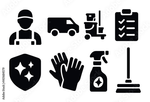 Cleaning and maintenance workers icon set – solid style hygiene, service, and sanitation symbols for janitorial tasks: worker, van, mop, gloves, spray, checklist, shield.