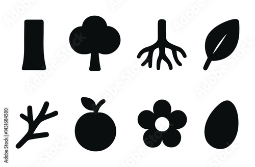 Botanical silhouette icons set – solid style nature, environment, and greenery symbols for eco designs: tree, leaf, trunk, root, branch, flower, fruit, seed