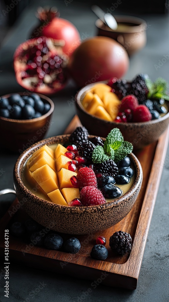 Bright bowl of Greek yogurt adorned with fresh mango, blackberries, pomegranate seeds, and mint leaves on a wooden surface