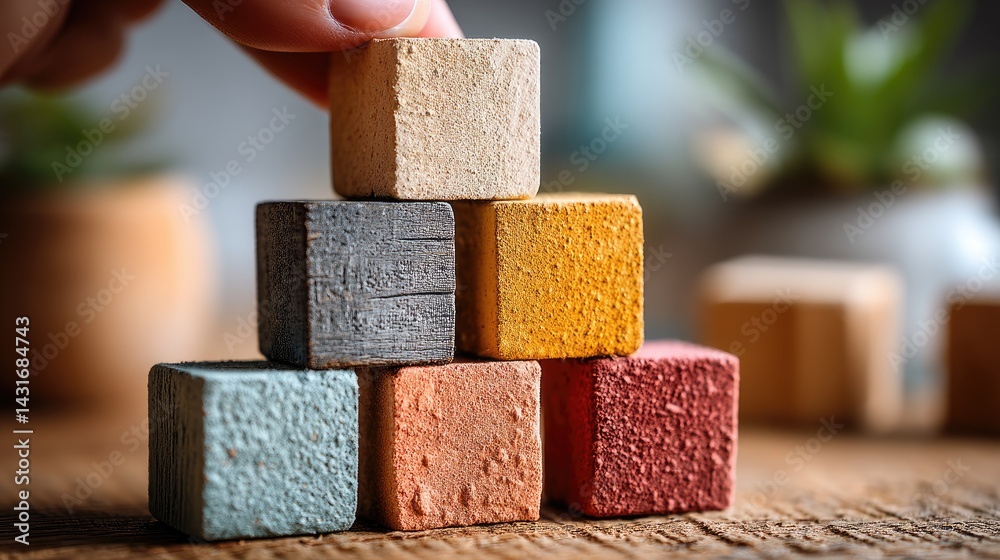 Hands adding wooden blocks in red and purple to a tower on an office table, symbolizing business growth and strategy