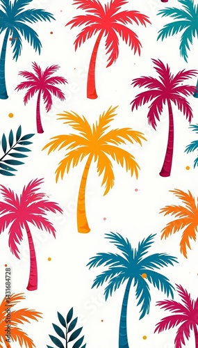 Repeat design of palm tree leaf silhouettes in assorted colors on white backdrop, pattern, vibrant