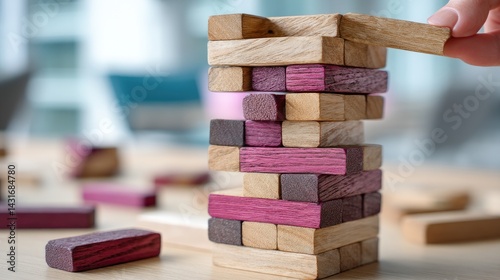Hands adding wooden blocks in red and purple to a tower on an office table, symbolizing business growth and strategy