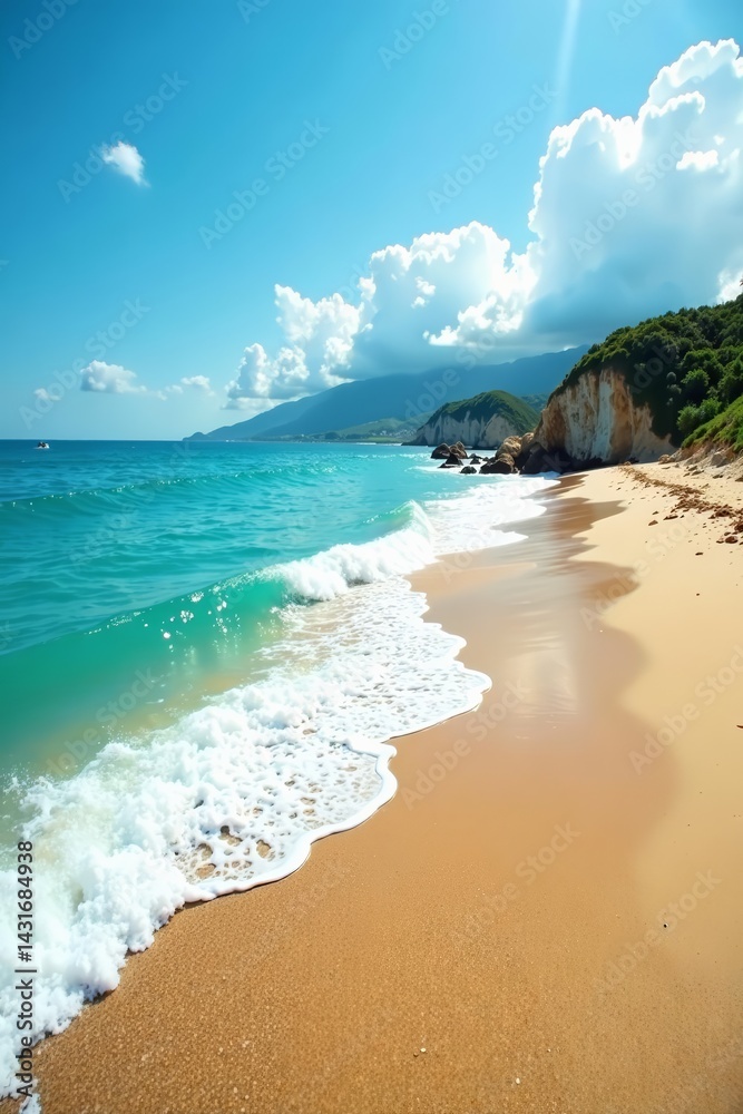 Obraz premium Panoramic view of scenic beach with calm waves and sunny sky, peaceful coastal scene, beach, waves, coastal
