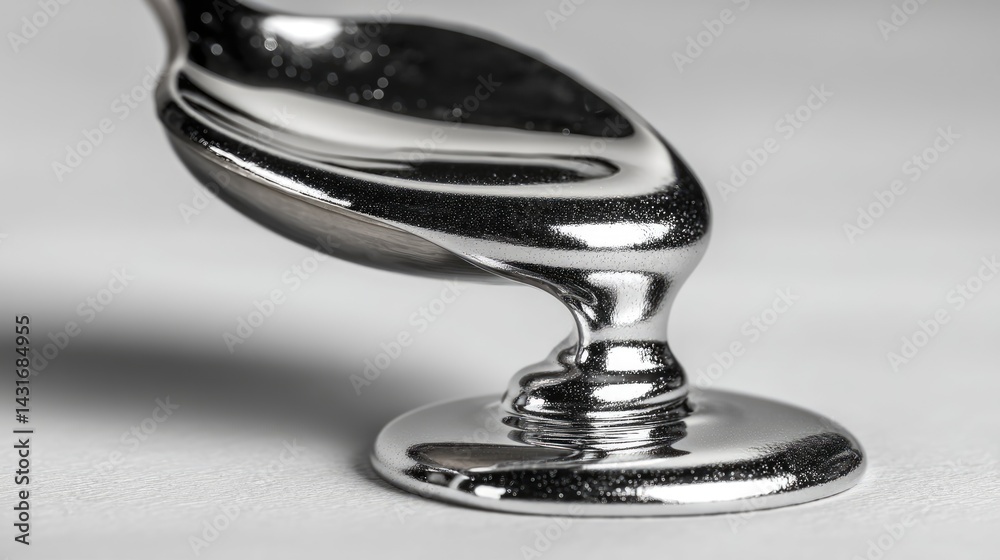 A sleek silver liquid flows and drips from a metallic surface against a clean white background, showcasing intricate details and textures