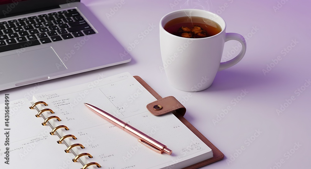 Cozy workspace with a laptop, planner, and tea drink Cozy workspace with a laptop, planner, and tea drink