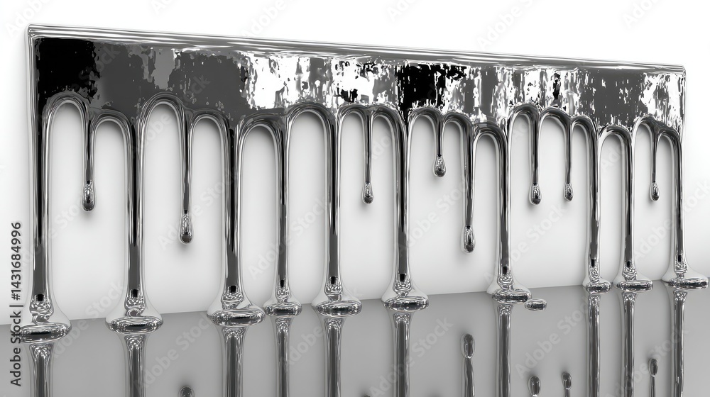 A sleek silver liquid flows and drips from a metallic surface against a clean white background, showcasing intricate details and textures