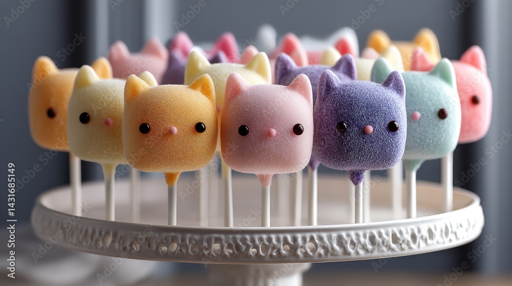 These delightful cat cake pops come in various colors, showcasing their cute features in a charming and playful arrangement