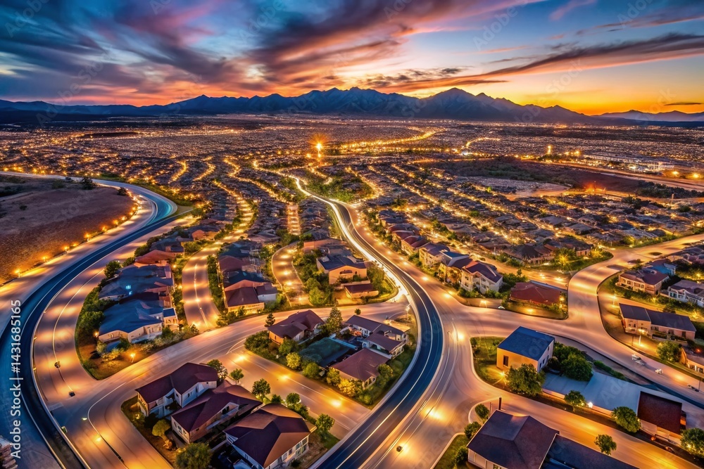 Long Exposure Drone Shot: Nevada Suburb Development at Dusk
