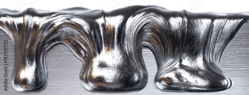 Obraz na płótnie A sleek silver liquid flows and drips from a metallic surface against a clean white background, showcasing intricate details and textures w salonie