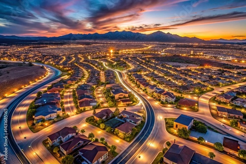 Obraz na płótnie Long Exposure Drone Shot: Nevada Suburb Development at Dusk w salonie