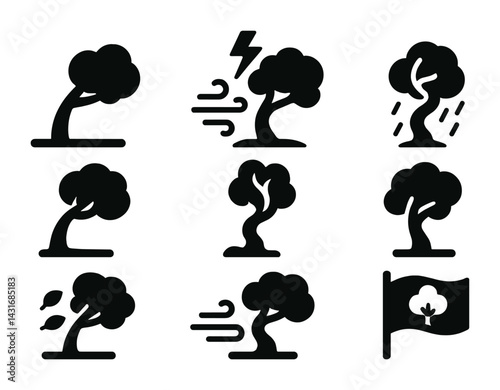 Weather and nature silhouette icons set – solid style climate and environmental symbols for forecasting: windy tree, rain tree, storm tree, leafy tree, nature flag