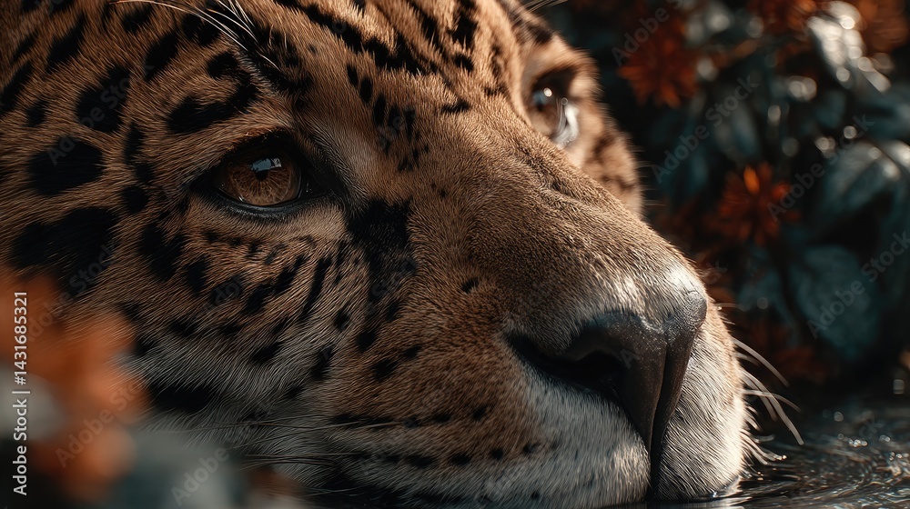 Jaguar relaxes by the water, illuminated by a breathtaking sunset in a lush habitat