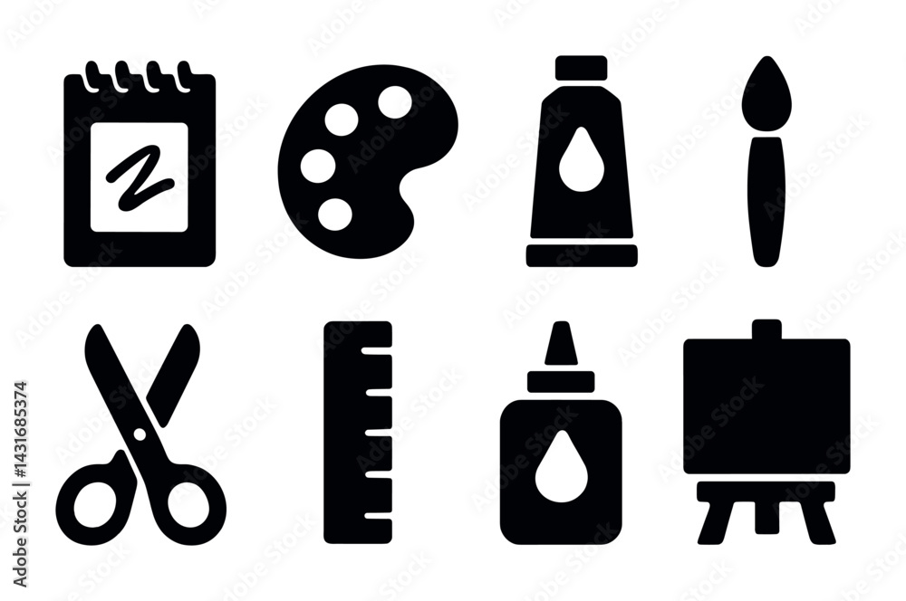 Art tools solid icon set – flat style design and craft supplies for diy projects: paintbrush, palette, glue, scissors, canvas, paint tube, notebook, ruler.