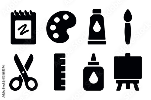Obraz na płótnie Art tools solid icon set – flat style design and craft supplies for diy projects: paintbrush, palette, glue, scissors, canvas, paint tube, notebook, ruler. w salonie
