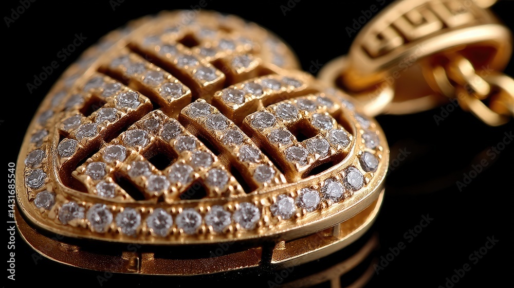 A gold heart pendant with a Celtic knot and sparkling diamonds hangs on a gold chain against a dark background