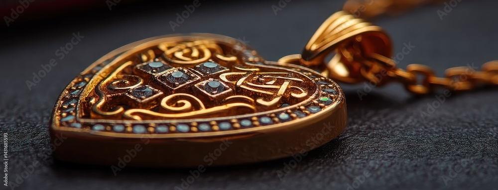 A gold heart pendant with a Celtic knot and sparkling diamonds hangs on a gold chain against a dark background
