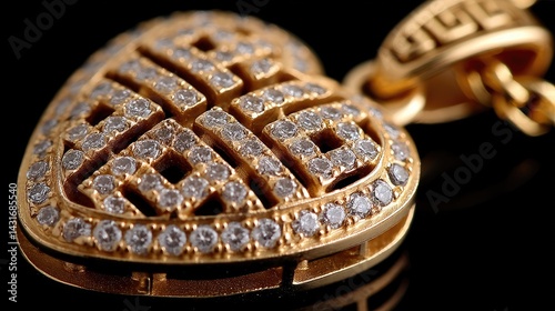 Obraz na płótnie A gold heart pendant with a Celtic knot and sparkling diamonds hangs on a gold chain against a dark background w salonie