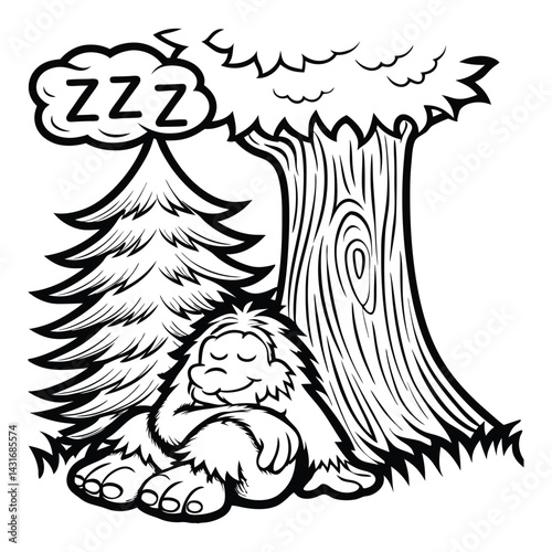bigfoot sleeping under tree with zzz comic style c