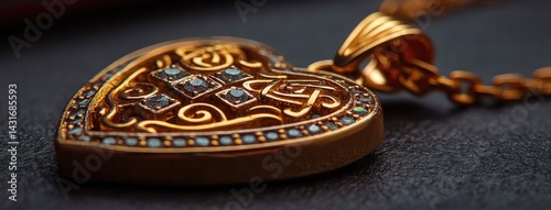 Obraz na płótnie A gold heart pendant with a Celtic knot and sparkling diamonds hangs on a gold chain against a dark background w salonie