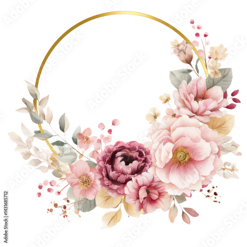 PNG Spring color flowers on gold glitter circle frame art watercolor elegant.