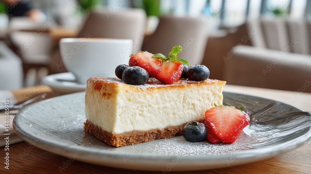 Creamy cheesecake with fresh berries sits elegantly on a plate in a warm, inviting cafe ambiance, perfect for dessert lovers