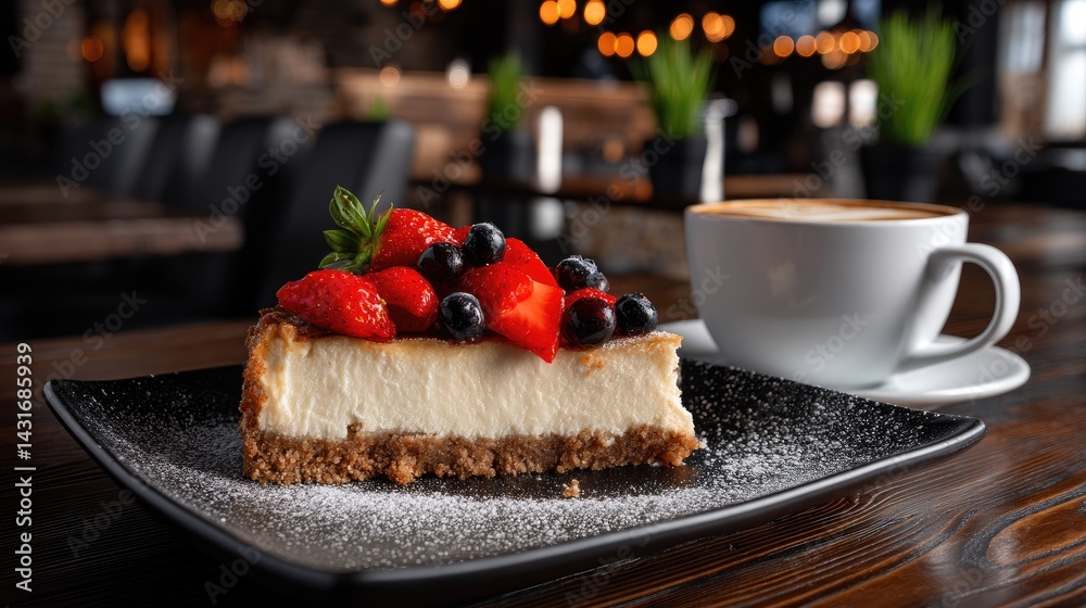 Creamy cheesecake with fresh berries sits elegantly on a plate in a warm, inviting cafe ambiance, perfect for dessert lovers