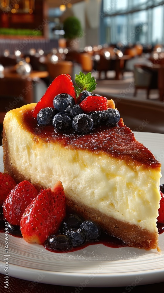 Creamy cheesecake with fresh berries sits elegantly on a plate in a warm, inviting cafe ambiance, perfect for dessert lovers