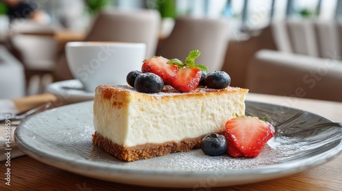 Obraz na płótnie Creamy cheesecake with fresh berries sits elegantly on a plate in a warm, inviting cafe ambiance, perfect for dessert lovers w salonie
