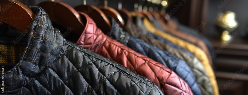 A collection of woolen jackets in various colors and styles hang gracefully on wooden hangers, illuminated by natural light