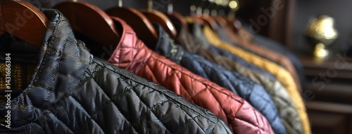 Obraz na płótnie A collection of woolen jackets in various colors and styles hang gracefully on wooden hangers, illuminated by natural light w salonie