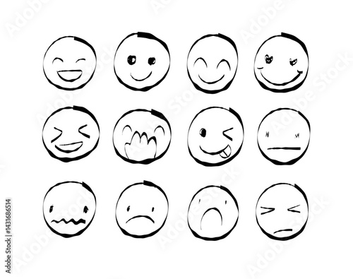 Set of hand drawn emoji faces expressing a range of emotions like joy, sadness, anger, and love. Design elements for messaging apps, social media content and fun communication