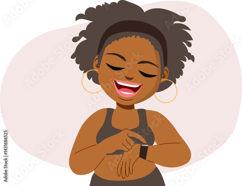Portrait of a black plus size woman checking her smart watch. Modern character symbolizing tech, confidence and personal empowerment