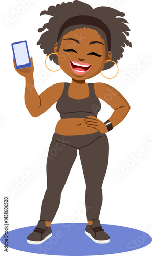 Confident, body positive illustration of a plus size black woman holding a smartphone. Empowering character represents modern connectivity, style and individuality
