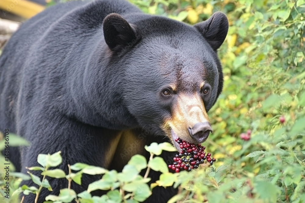 Naklejka premium Black bear forages for berries in dense forest during late summer afternoon