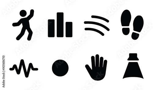 Fitness and health silhouette icons set – workout, exercise, and wellness symbols in solid style for active lifestyle: person running, bar chart, wave, footprints, heartbeat, circle, hand, cone.