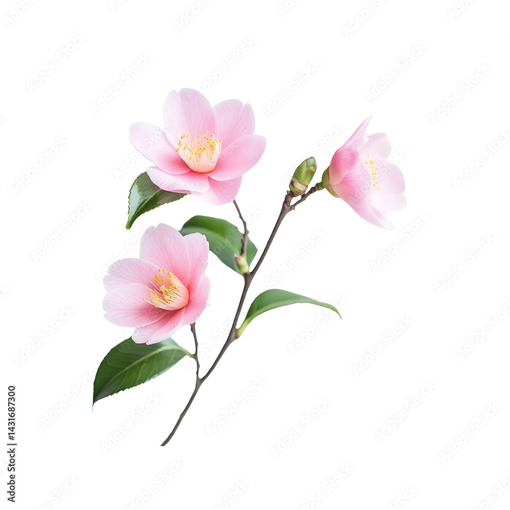 Elegant Pink Camellia Flowers on Branch Isolated on Black Elegant Pink Camellia Flowers on Branch Isolated on Black