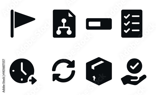 Project management solid icons set – filled style workflow, task, and efficiency symbols: flag, flowchart, gantt chart, checklist, deadline, refresh, package, approval