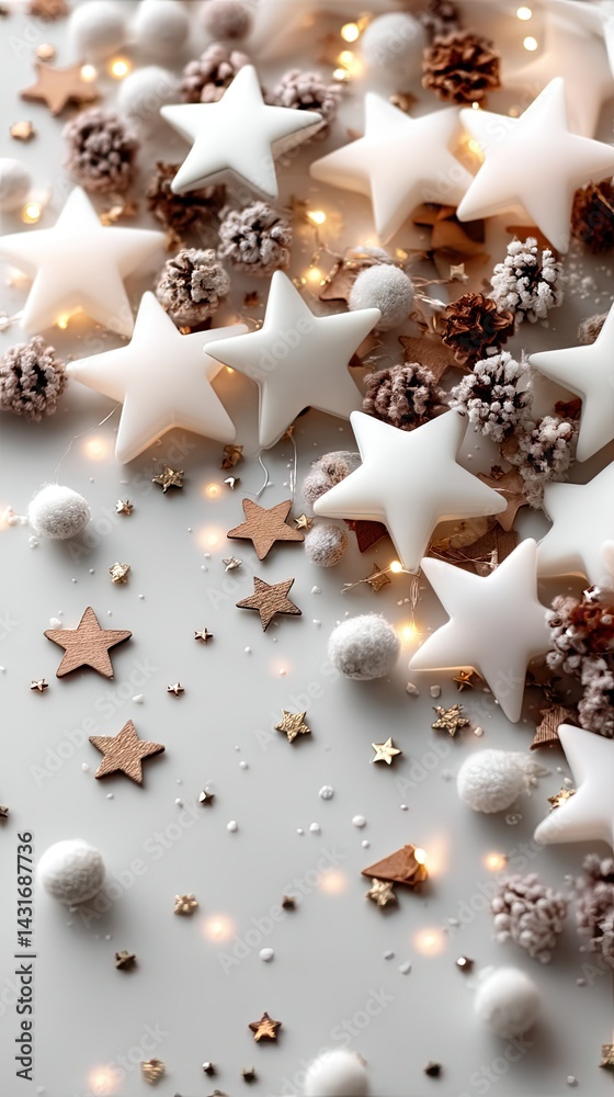 Glowing star-shaped garland in peach and gold on a white background creates a festive frame perfect for Christmas and New Year celebrations Glowing star-shaped garland in peach and gold on a white background creates a festive frame perfect for Christmas and New Year celebrations
