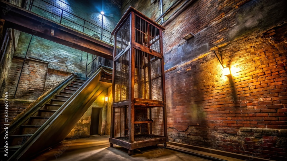 Obraz premium Long Exposure Photo of a Vintage Dumbwaiter Ascending in a Dark Shaft