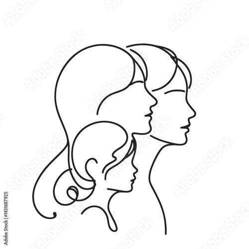 Continuous line drawing of three women profiles  