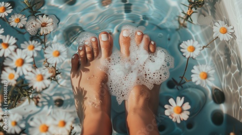 Feet immersed in aqua, daisies floating in tub an artful gesture