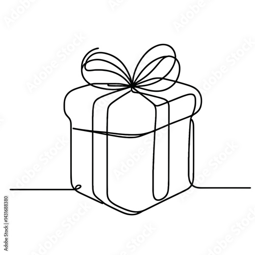 Simple line art gift box with ribbon on a white background  
