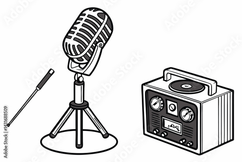 17 Retro microphone, tripod stand, vintage audio equipment, professional recording studio, black and silver design, sleek metallic finish, adjustable boom arm, classic broadcasting, radio announcer, p