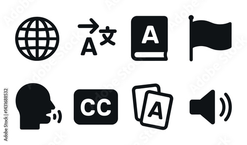 Language and translation solid icons set – flat style communication, multilingual, and education symbols: globe, translation, dictionary, flag, speech, subtitles, flashcards, audio.